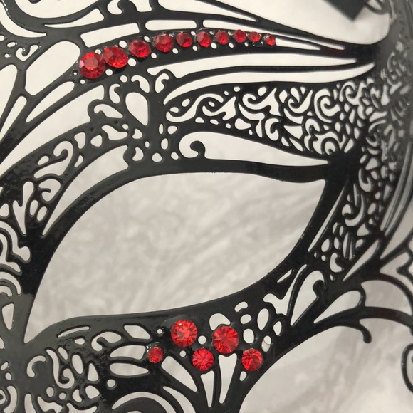 Black Metal Masquerade Mask with Red Rhinestones Handmade - Picture 7 of 17